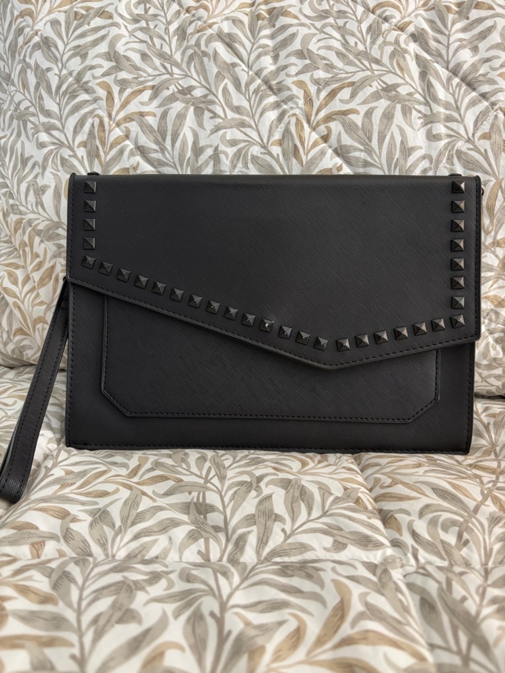 Steve Madden Black Stud-Trim Envelope Wristlet Clutch with Wrist Strap